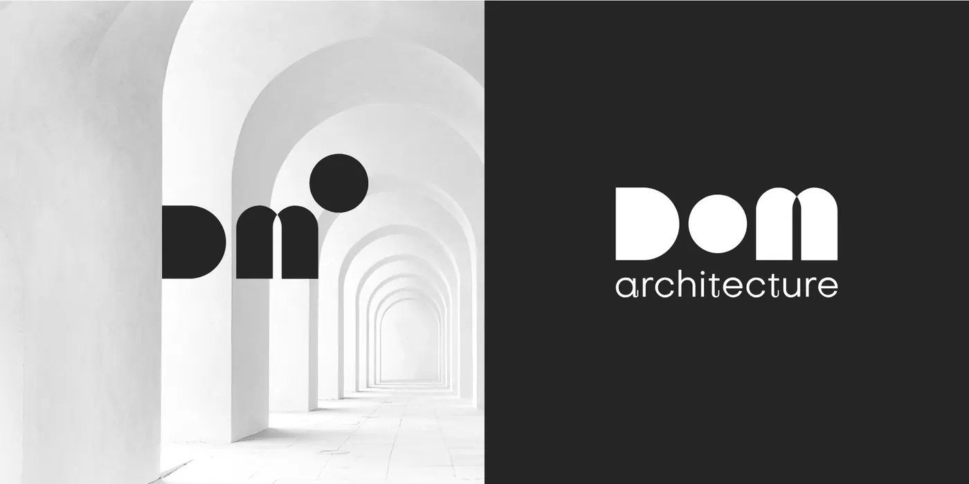 The DOM mark over a corridor of white arches, next to the full DOM architecture logo on a dark background