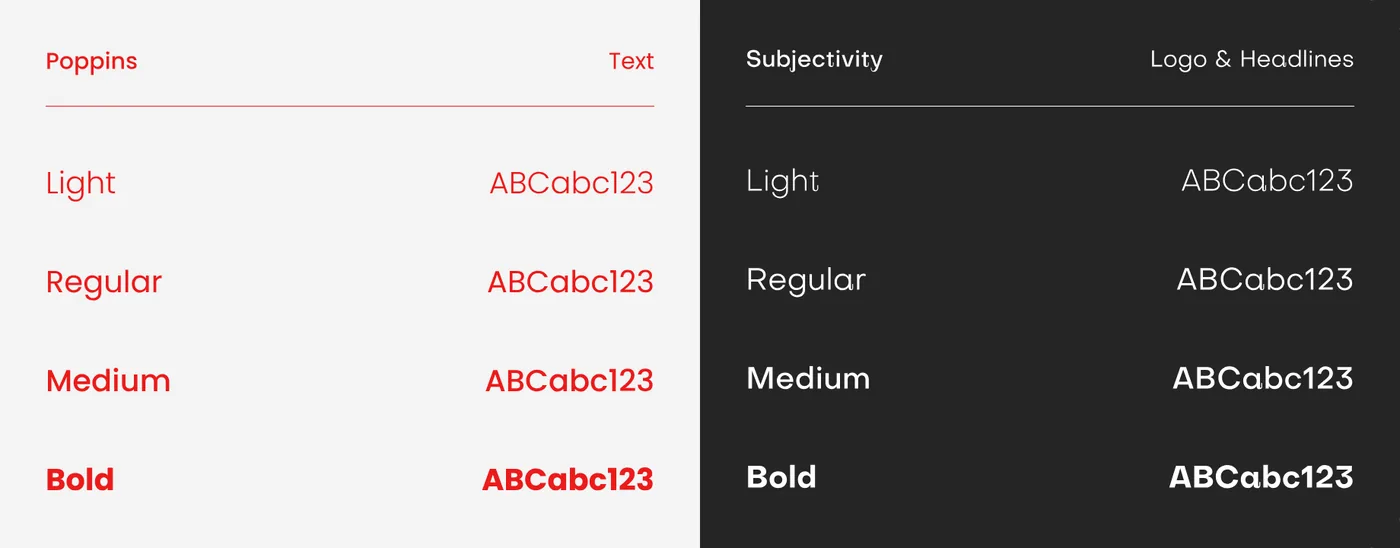Type specimens: Poppins for text and Subjectivity for the logo and headlines, in Light, Regular, Medium and Bold