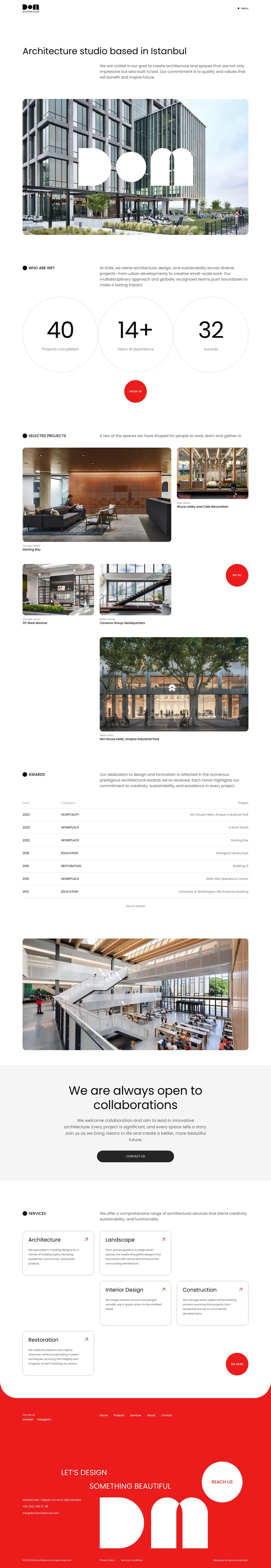 DOM home page: headline, hero with the logo over a building, stats, selected projects, awards, collaboration call, services and footer