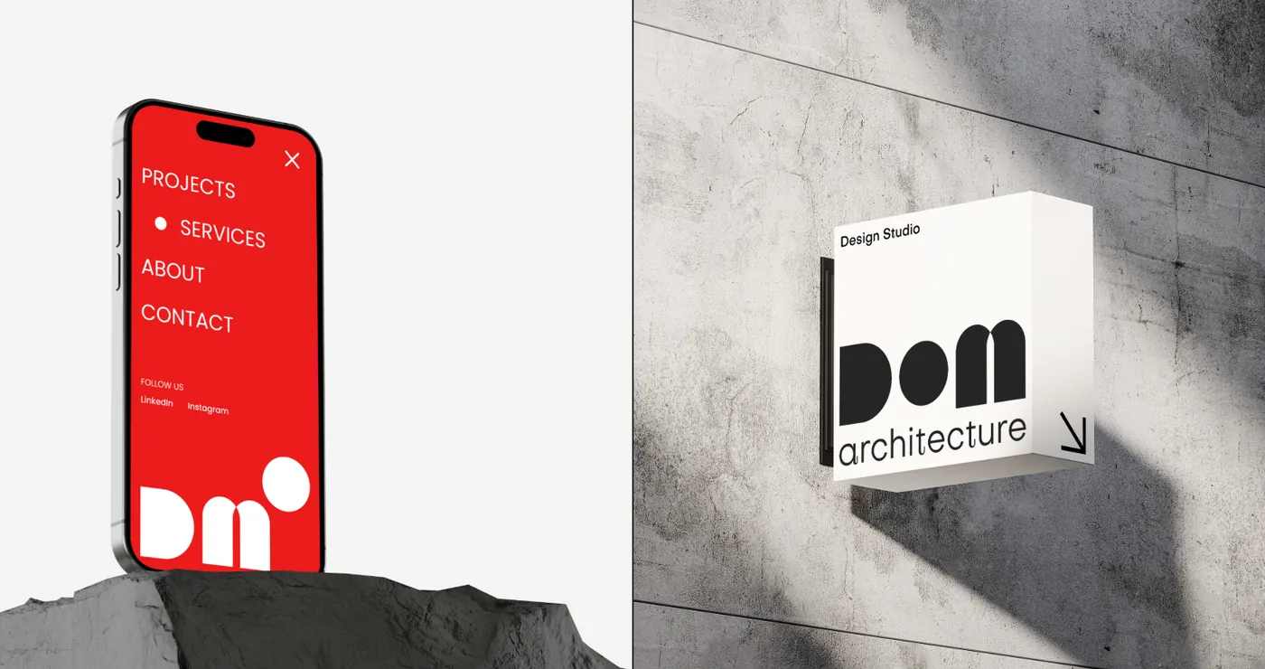 The mobile menu on a phone and a DOM sign on a concrete wall
