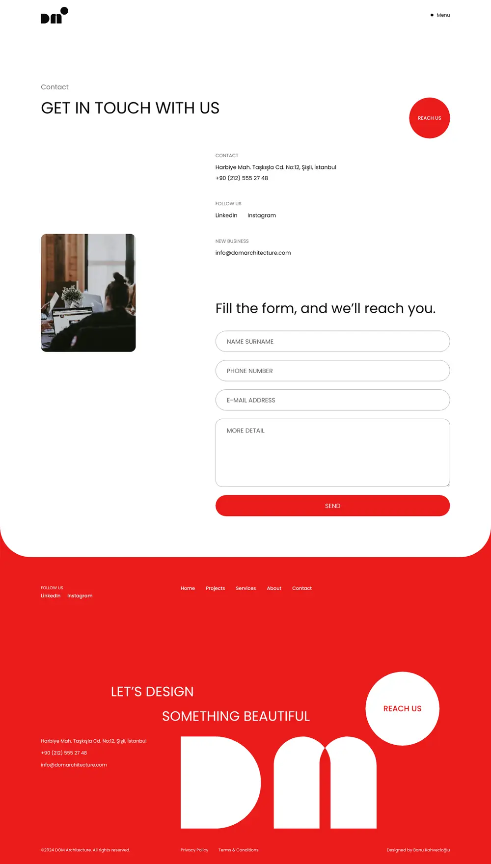 Contact page with address, social links and a short form