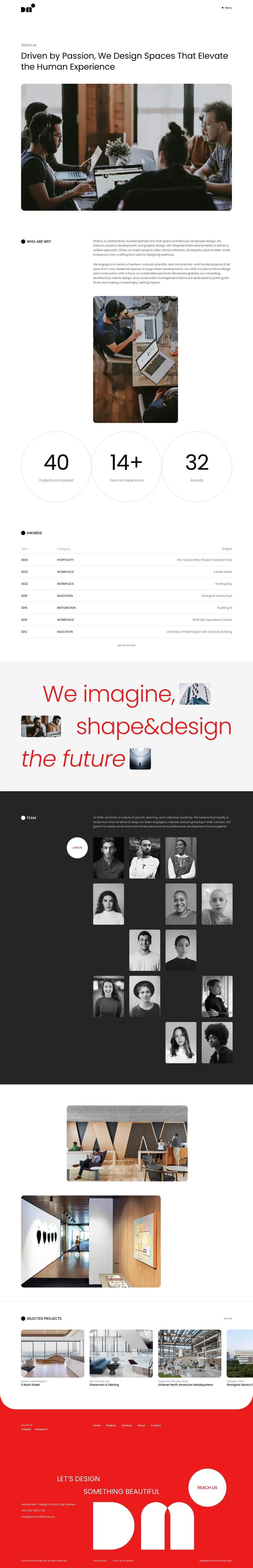 About page with numbers, awards, a typographic statement and a team grid
